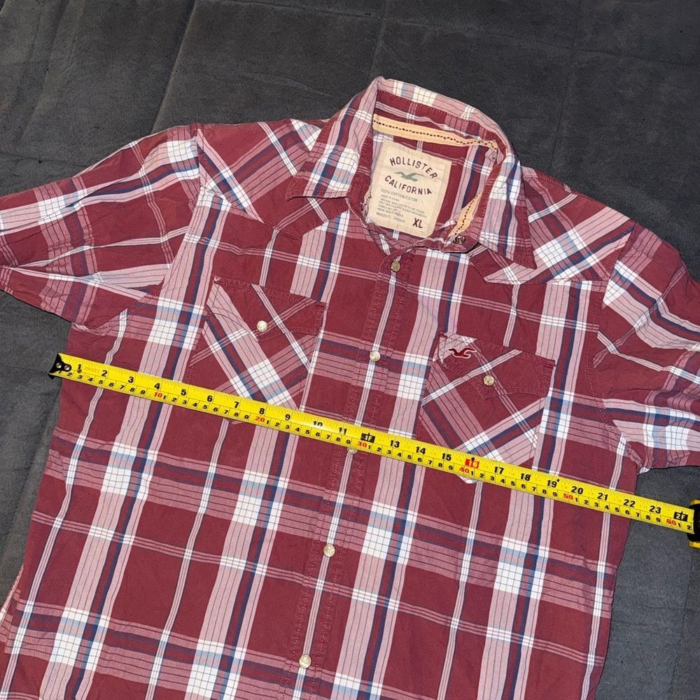 Hollister Red and White Button Up Long Sleeve Plaid Men's Shirt Y2K Size XL - Picture 3 of 9